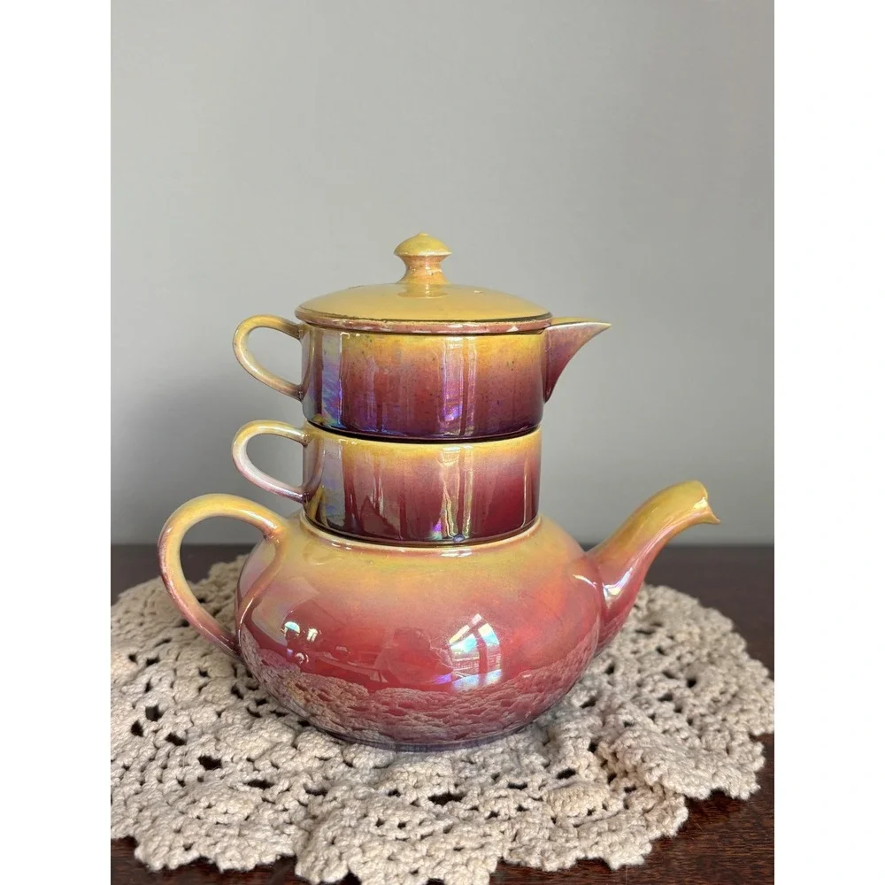 Vintage Royal Winton Grimwades stackable 4-pc tea set luster rainbow art deco